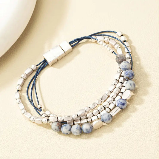 Silver Beaded Lapis Lazuli Magnetic Bracelet
